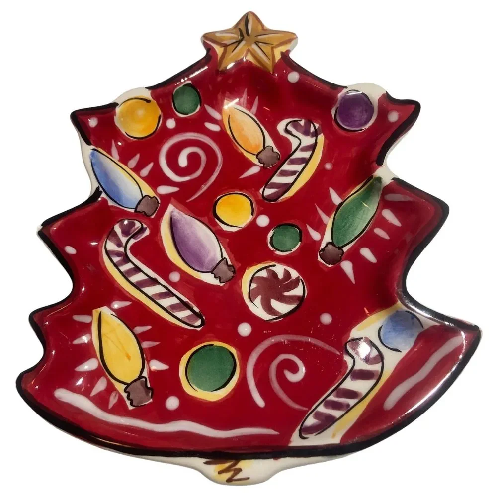 Clay Art Navidad Christmas Tree Snack Bowls 5 Plates Hand Painted StoneLite 2003